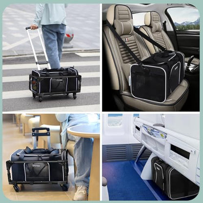 Petskd Small Pet Carrier with Wheels (17" L x 11" W x 9.5" H), Alaska Airlines Approved, Rolling Pet Carrier for Small Dogs & Cats (Black) - color: Black and Wheeled, size: 17.0"L x 11.0"W x 9.5"H