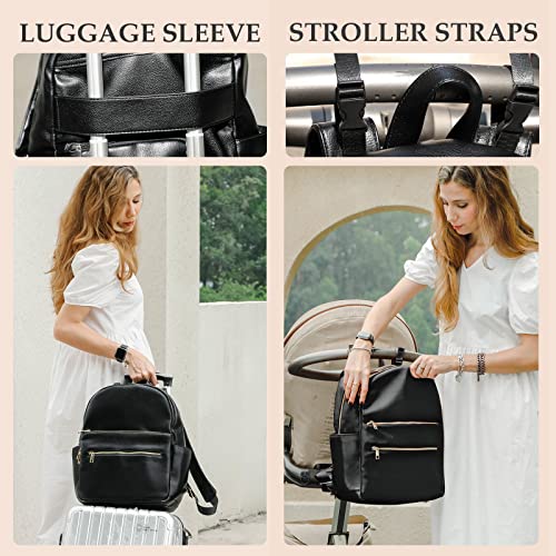 Omanmoli Diaper Bag Backpack Baby Diaper Bag Leather Diaper Bag Backpack Mom Dad with 18 Organizing Pouches,6 Insulated Pockets,Changing Pad,Stroller Straps, Large Capacity,Waterproof(Black) - color: Black