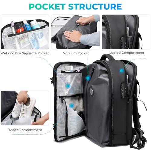 BANGE Vacuum-Seal Travel Backpack with Pump and Vacpack Compression System, Water Resistant Large Carry-On Backpack with Laptop Compartment and TSA Lock - Flight Approved, Black (With Air Pump) - style: With Vacuum & Pump