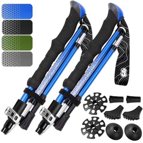 Premium Foldable Hiking Poles by USA Brand - Adjustable, Lightweight Trekking Poles Made of Aircraft Aluminum, Metal Locks Cork EVA Grips - color: EVA Foam - Blue, size: 115-135 cm for Height: 5'10" and taller
