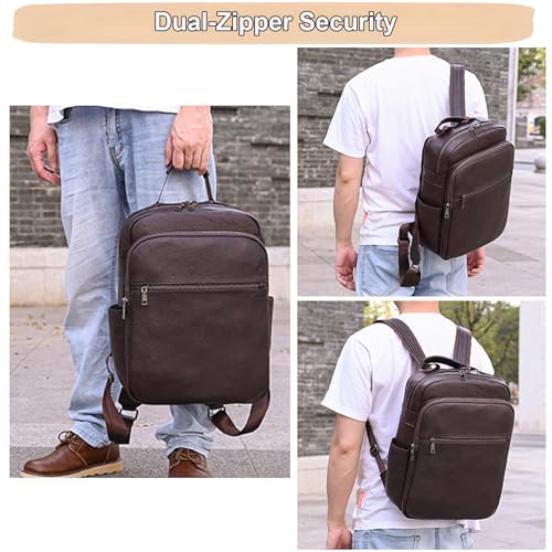 Genuine Leather 15.6 Inch Laptop Backpack for Men & Women, Business Commute Bag Daypack with Multi-Pockets for Travel Outdoor, Coffee Brown - color: Y80-17y-coffee