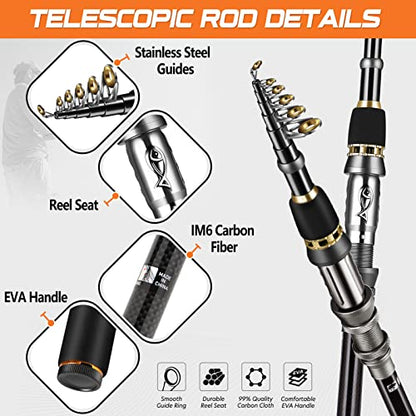 PLUSINNO Fishing Rod, Telescopic Fishing Rod and Reel Combo, Collapsible Travel Fishing Pole Rod Starter Kit, Carbon Fiber Fishing Rods and 12 +1 Bearings Stainless Steel, Fishing Gifts for Men Adults - color: 2PACK Full Kit with Carrier Case, size: 2.7m