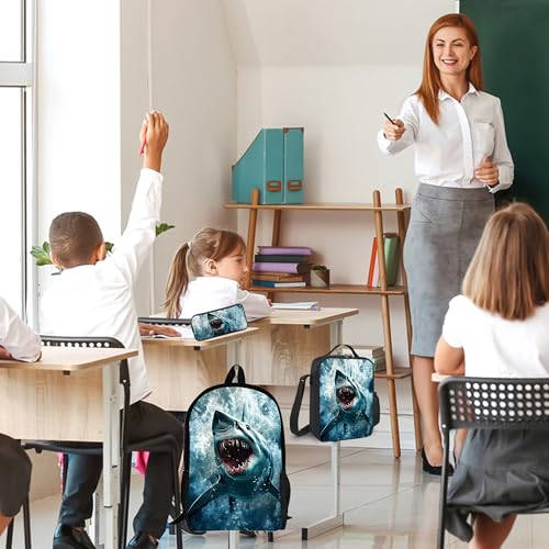 3PCS Shark Print Backpack for Boys Girls Teens, School Backpack with Lunch Box Pencil Case for Elementary Middle High Students, 17 Inch Lightweight Bookpack 3 in 1 Set Back to Shool Gifts for Kids - color: Shark