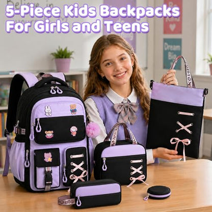 Girls Backpack with Lunch Box, 5pc Cute Bookbag for Kids Teen, Kawaii Aesthetic Elementary School Backpack - color: Purple Black