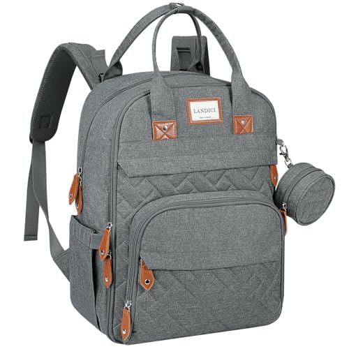 LANDICI Diaper Bag Backpack, Multifunction Baby Diaper Bags with Changing Pad, Stroller Straps & Pacifier Case, Travel Essentials Back Pack for Mom Dad Boy Girl, Large Capacity, Waterproof, Grey - color: Grey