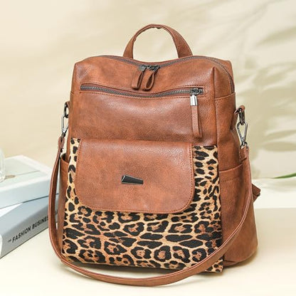 WYFJNX PU Leather Backpack Purse for Women Fashion Multipurpose Design Handbag Ladies Shoulder Bags Travel Backpack Brown with Leopard Print - color: Leopard