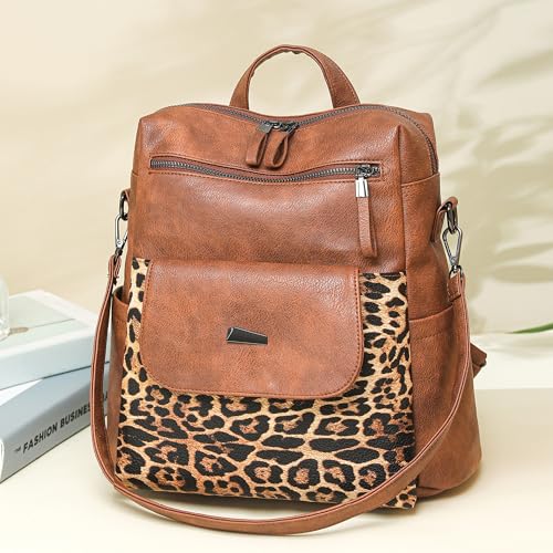 WYFJNX PU Leather Backpack Purse for Women Fashion Multipurpose Design Handbag Ladies Shoulder Bags Travel Backpack Brown with Leopard Print - color: Leopard