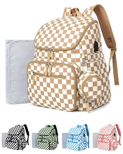 FHELAD Checkered Diaper Bag Backpack with Changing Pad & Stroller Clips, Large Travel Baby Diaper Bag for Newborn Moms, Baby Shower Gifts (Light Brown) - color: Light Brown