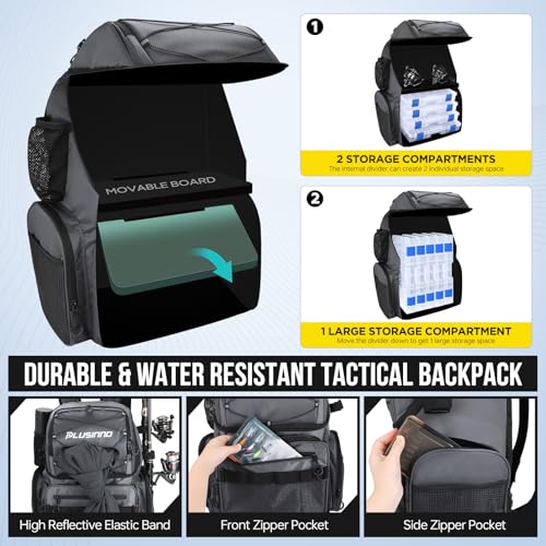 PLUSINNO Cooler Fishing Backpack with Rod Holders 45L Large Water-resistant Fishing Tackle bag Store Fishing Gear Fishing Gifts for Men Father - color: Grey jacquard with box