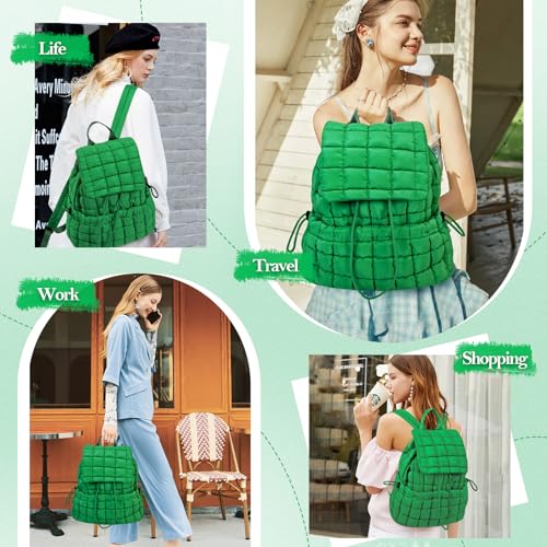 Quilted Puffer Backpack for Women Lightweight Soft Puffy Backpack Purse Casual Daily Drawstring Flap Daypack (Dark Green) - color: Dark Green