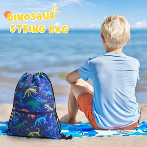 WAWASAM Kids Drawstring Backpack, Gym Swim Bag Cinch Bag for Girls Boys with Zipper Pocket - color: Dinosuar E