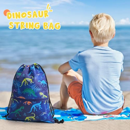 WAWASAM Kids Drawstring Backpack, Gym Swim Bag Cinch Bag for Girls Boys with Zipper Pocket - color: Dinosuar E
