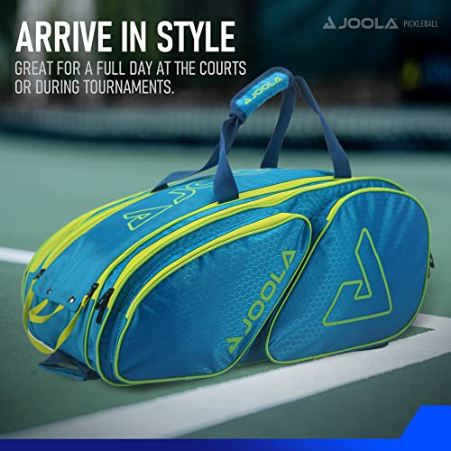 JOOLA Tour Elite Pickleball Bag – Backpack & Duffle Bag for Paddles & Pickleball Accessories – Thermal Insulated Pockets Hold 4+ Paddles - Includes Fence Hook - color: Blue/Yellow