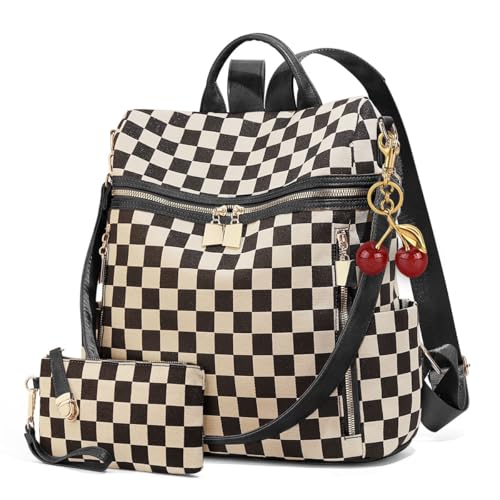 Checkered Backpack Purse - Checkered Bags for Women Plaid Backpack Handbags Back Pack Purse for Work (Black) - color: B02-black With Cherry