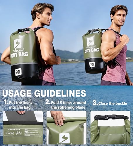 Soulsfeng Waterproof Dry Bag Roll Top Lightweight Dry Backpack for Boating, Kayaking, Travel, Beach, Swimming, Hiking & Camping - Floating Dry Sack with Adjustable Shoulder Straps 10L - color: Green, size: 10L