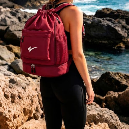 Sport Drawstring Backpack, Gym Bag with Mesh Side Pockets and Separate Shoe Compartment, Water-Resistant (Burgundy) - color: Burgundy