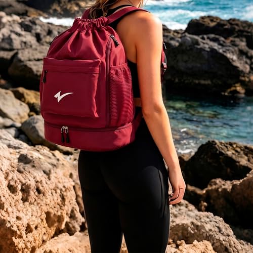 Sport Drawstring Backpack, Gym Bag with Mesh Side Pockets and Separate Shoe Compartment, Water-Resistant (Grey) - color: Grey