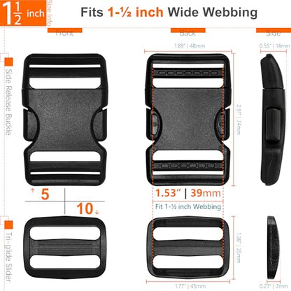 1-1/2 inch Straps Buckles Set: 6 yard Nylon Webbing Strap 1.5" Wide, 5 pack Side Release Plastic Buckle, 10 pcs Tri-glide Slide Clip, Heavy Duty Quick Snap Fasteners Dual Adjustable No Sew Required - size: 1-1/2" x 6 yd Strap + 5 pack Buckles
