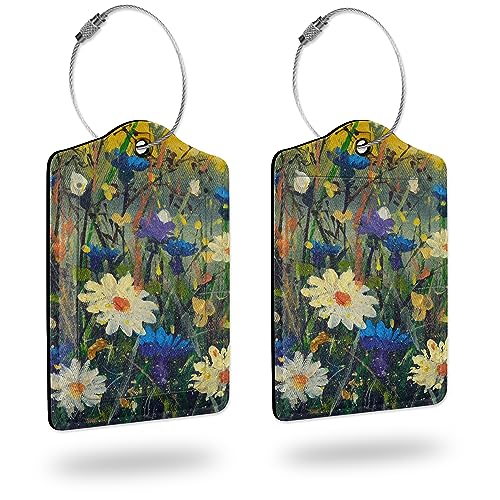 2 Pack Luggage Tags for Suitcases,White Daisies Flower Blue Cornflowers Leather Cruise Suitcases Tag with Stainless Steel Loop Privacy Cover Travel Bag Tags Luggage Identifiers for Women Girl Suitcase - color: White Daisies Flower Blue Cornflowers