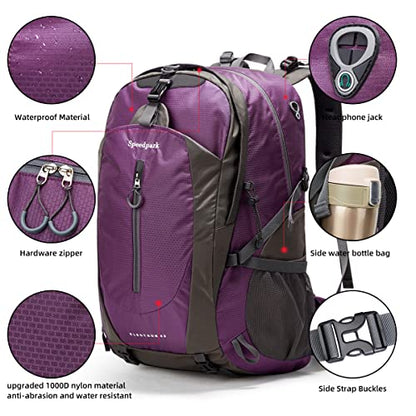 SPEEDPARK Hiking Backpack 40L Waterproof Hiking Daypack with Rain Cover, Outdoor Trekking Travel Backpacks for Men Women - color: Purple