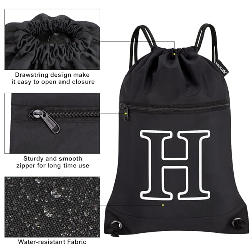 HOLYLUCK Drawstring Bags Initial Backpack Sackpack Cinch Bags for Sports, Gym, Travel, Beach (Black-H) - color: Black-h