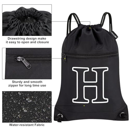HOLYLUCK Drawstring Bags Initial Backpack Sackpack Cinch Bags for Sports, Gym, Travel, Beach (Black-H) - color: Black-h
