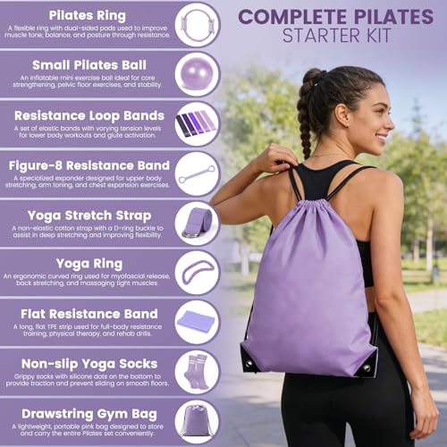 Pilates Kit for Women 13PCS, Pilates Ring and Ball Set with Magic Circle, Resistance Bands Set, Figure 8 Band, Yoga Ring & Grip Socks, Home Workout Equipment Essentials Starter Kit for Beginners - color: Lavender