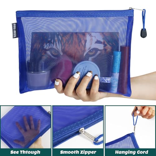 6 Pack Mesh Cosmetic Bags, Nylon Makeup Pouches with Zipper for Home Office Purse Diaper Bag (Blue) - color: Blue(2size)