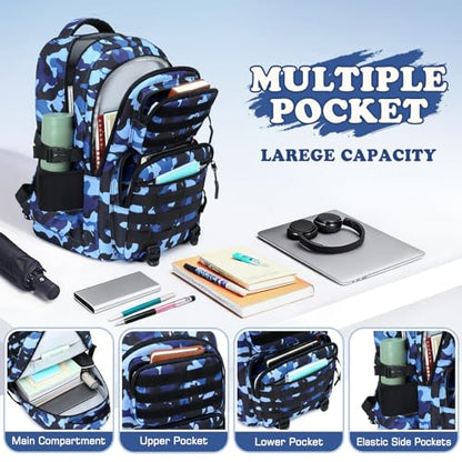Camo Backpack for Boys, Tactical Boys Backpack with Lunch Box Pencil Case, Kids Backpacks with USB Charging Port, Military Army School Bookbag for Teen Boy Elementary Middle High School Camp - color: Black-blue