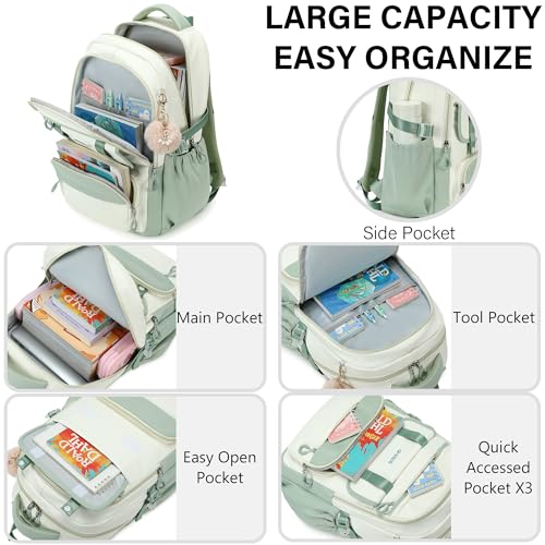School Backpack for Girls, Laptop Backpack 15.6 Inch Kids Elementary Middle High School Bag Anti Theft Cute College Bookbags for Teens Girls Women Students Casual Travel Daypack,Green Beige - color: Green