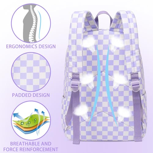 LEDAOU School Backpack for Teen Girls Elementary Middle School Bookbag Kids Backpacks Women Laptop Backpack Travel Daypack - color: Purple Checkered