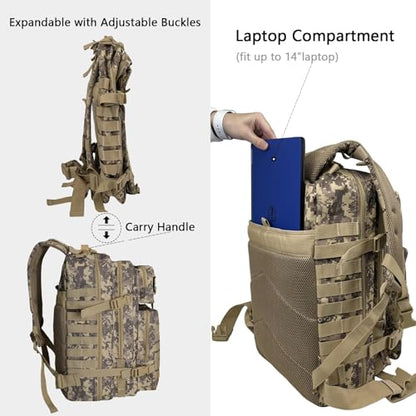 WOLT Military Tactical Backpack for Men 45L Molle Backpack 3 Day Assault Pack Bug Out Bag, Heavy Duty Rucksack for Hiking Gym, Camouflage Khaki - color: Camouflagekhaki
