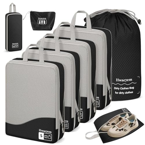 Compression Packing Cubes 8 Set, Dual Zipper Compression Packing Cubes for Travel, See-Through Mesh Packing Bags for Suitcases, Packing Cube with Shoe Bag (Black) - color: 8 Set Black