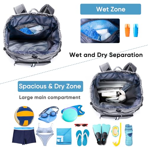 Large Beach Backpack w/Shoe Compartment &Detachable Ball Mesh Bag - color: Grey
