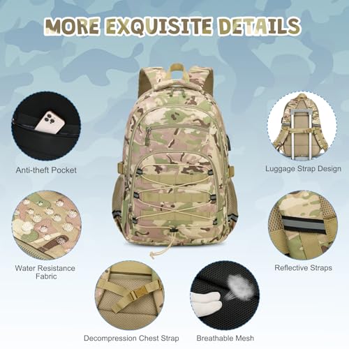 ACESAK Camo Backpack for Boys, Tactical Kids Backpack Boys, School Bags for Boy Children Teens Kids Elementary Middle High School, Military Bookbag and Lunch Bag Pencil Case Set with USB Charging Port - color: Khaki Camo