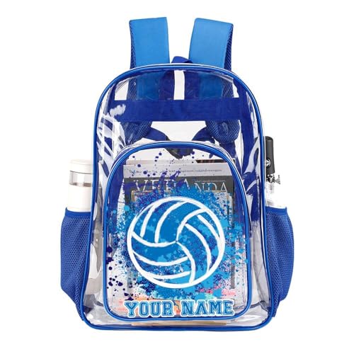 Custom Volleyball Clear Backpack Heavy Duty for Girls Kids Boys | Large Cool PVC Volleyball Theme Printing Transparent Backpacks for Schools Stadium Concerts Work - Clear/Blue - color: Volleyball Clear Backpack 2 Blue With Front Pocket Custom