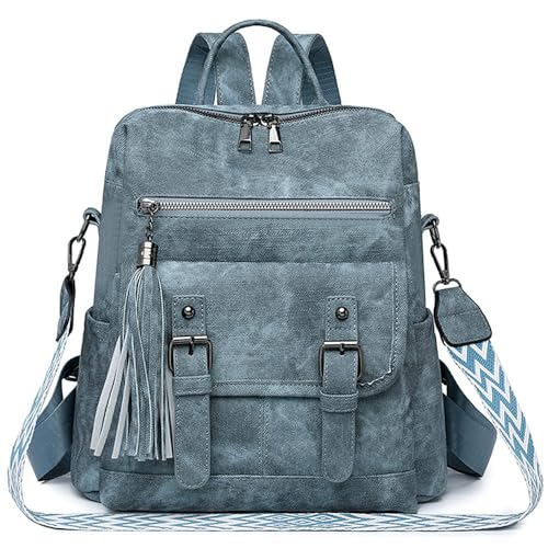Fashion PU Leather Backpack Purse for Women Travel Backpack Bag with Tassel Ladies Shoulder Handbags Casual Daypack - color: Blue