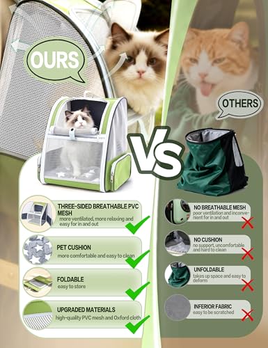 Cat Backpack Carrier with Washable Bed Mat Breathable Cat Carrier Large Space Medium Small Dog Puppy Kitty Ventilated Mesh Pet Backpack for Cats Travel Walking Outdoor Use(Green 13.8" Lx11.4 Wx16 H)
