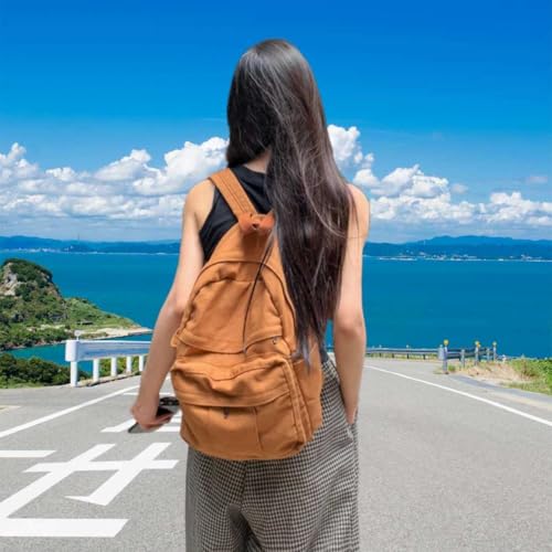 Light Brown Canvas Backpack for Women & Men Retro Aesthetic Rucksack Basic Backpack for High School/College Students Travel Laptop Bag - color: Mustard Yellow