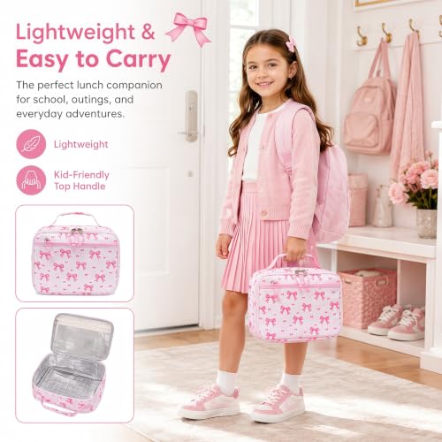 LEDAOU Kids Lunch Box - Insulated Reusable Lunch Box for Girls, Small Lightweight Water Resistant Snack Cooler Tote for Preschool, Kindergarten, School, Picnic and Hiking - color: Bow pink