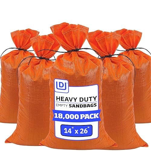 DURASACK Heavy Duty Sand Bags with Tie Strings Empty Woven Polypropylene Sand-Bags for Flood Control with 1600 Hours of UV Protection, 50 lbs Capacity, 14x26 inches, Orange, 18000 Count - color: Orange, size: 18000 Sandbags