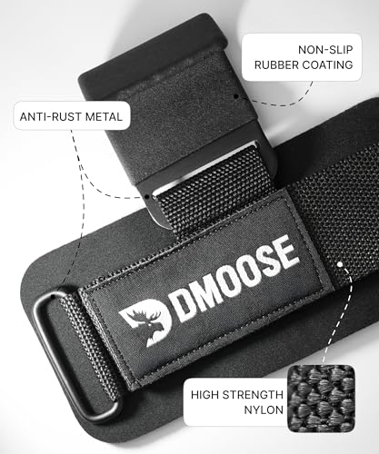 DMoose Fitness Weight Lifting Hooks (Pair) for Deadlifts, Pull Ups, Rows & Shrugs - Anti-Rip Nylon Strap Hand Grips with Thick Wrist Padding - Heavy Duty Wrist Straps for Weightlifting & Gym Workouts - color: Black