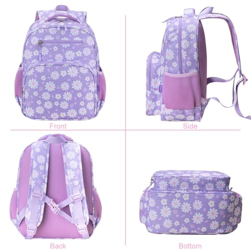 RHCPFOVR Kids Backpack for Girls - Girls Backpack 3-8 Ages Flower for Kids 15 Inch School Bookbag for Kindergarten Elementary School Bookbag for Girl 1st 2nd Grade - style: Purple Flower