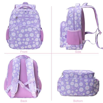 RHCPFOVR Kids Backpack for Girls - Girls Backpack 3-8 Ages Flower for Kids 15 Inch School Bookbag for Kindergarten Elementary School Bookbag for Girl 1st 2nd Grade - style: Purple Flower