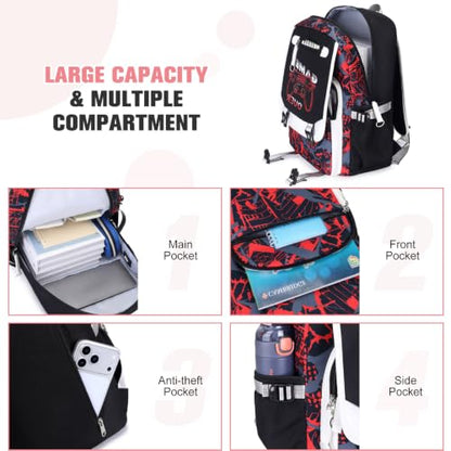 Bevalsa Backpack for Boys, Cool Luminous Boys Backpack with Sling Bag, Lunch Box & Pen Case, School Bags for Kids Children Teens Elementary Middle Schools, Bookbag Glow In The Dark (Red Game) - color: Red Game