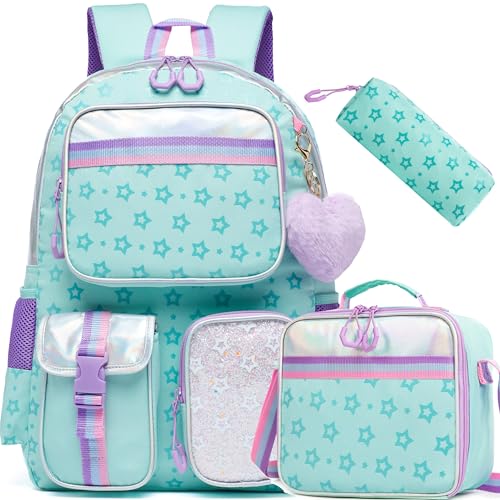 Meetbelify Aesthetic Backpack with Lunch Box Pencil Case for Elementary Students - Cute Bookbag for Girls 8-10 - color: Star Green 3pcs