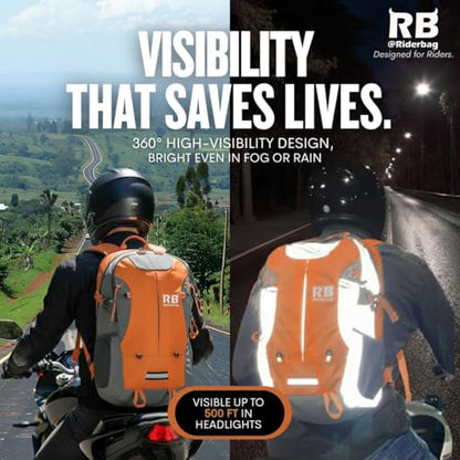 riderbag Reflective Motorcycle Backpack, Hi Viz Commuter Riding Bag | Designed by Riders for Everyday Rides with Laptop Compartment and Helmet Net. Built to Help You Be Seen. - color: Orange