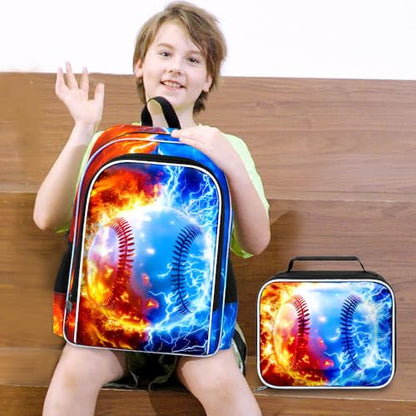 AGSDON 3PCS Baseball Backpack for Boys, 17" Kids Bookbag with Lunch Box for Boy, Flame Thunder Backpacks Water Resistant and Lightweight for Teen - color: Baseball