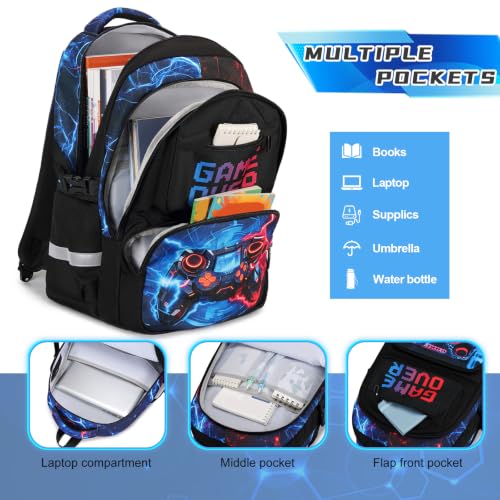 Scothen 3PCS Boys Backpack Set, Cool Backpack for Boys with Lunch Bag & Pencil Case, Kids School Bag Teen Boy Bookbag for Kindergarten Elementary Middle School with USB Charging Port - color: Futuristic Red & Blue Lightning