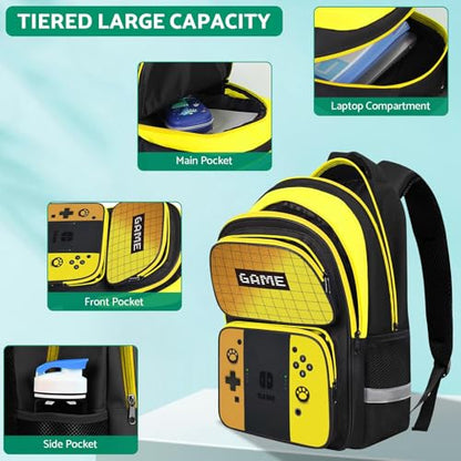 Kids Backpack For Boys，Gamer Boys Backpack For Children Teens Elementary Middle School, 17″ Students Bookbag - color: Backpack Set-sw-orange & Yellow
